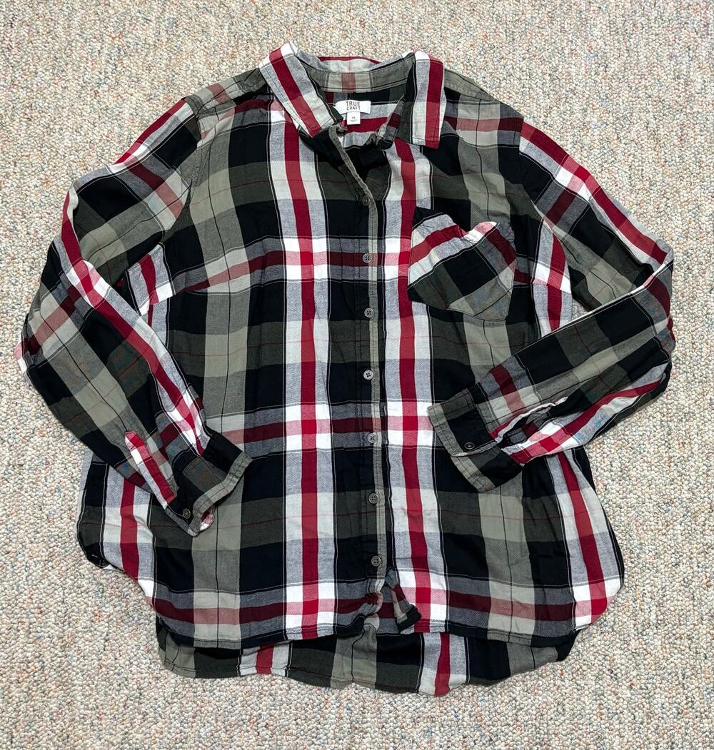 True Craft Women’s XXL Red Black White Check Collared Cap Sleeve Button-Up Top